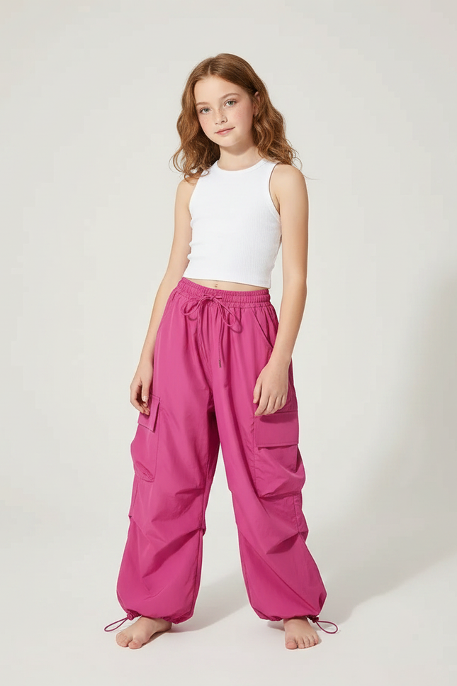 Pantalon Parachute Fuschia Cargo Ample Fille - Rose Polyester