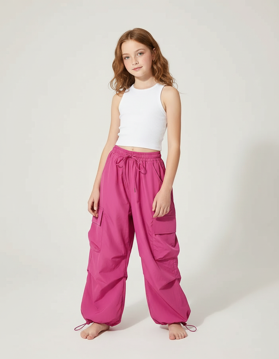 Pantalon Parachute Fuschia Cargo Ample Fille - Rose Polyester