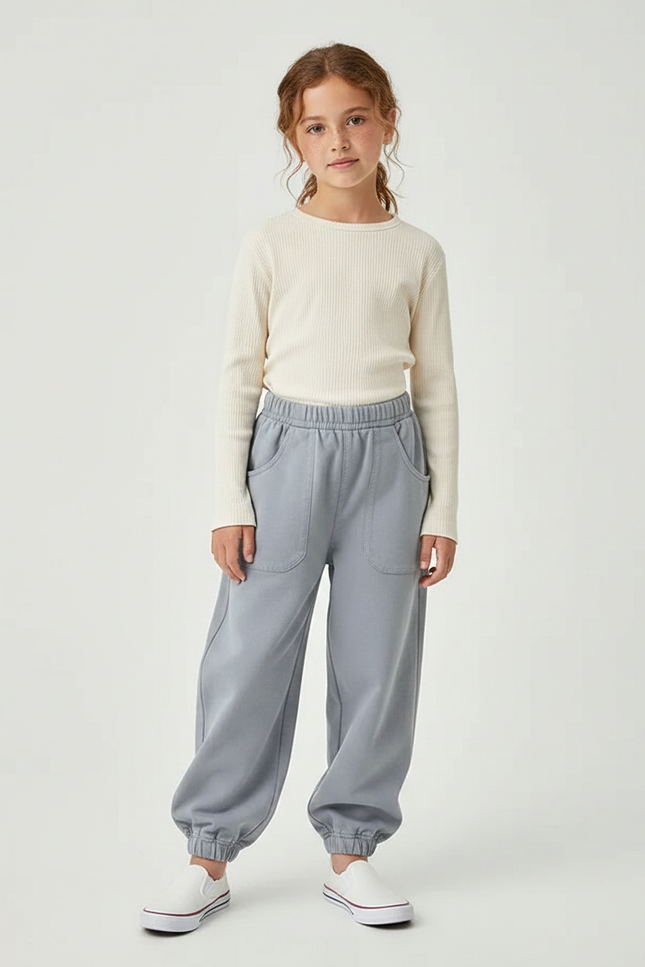 Pantalon Parachute Gris Ample Enfants Coton Décontracté - Molleton