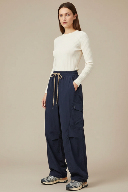 Pantalon Parachute Bleu Marine Fluide Cargo Nylon Femme - Polyester