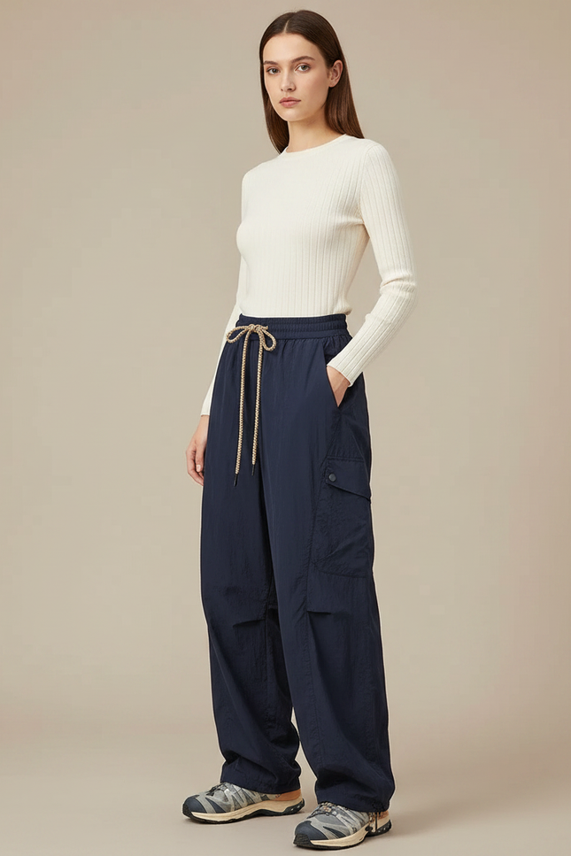 Pantalon Parachute Bleu Marine Fluide Cargo Nylon Femme - Polyester