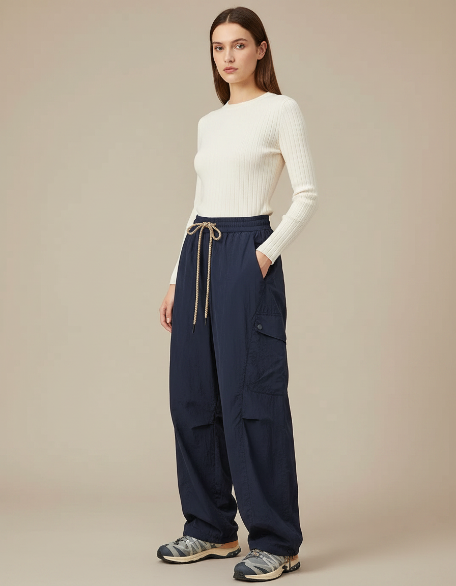 Pantalon Parachute Bleu Marine Fluide Cargo Nylon Femme - Polyester