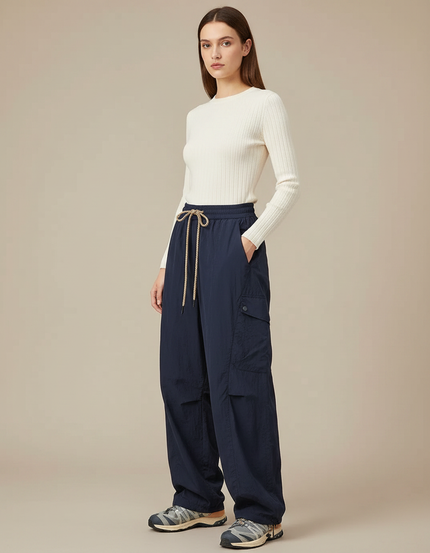 Pantalon Parachute Bleu Marine Fluide Cargo Nylon Femme - Polyester