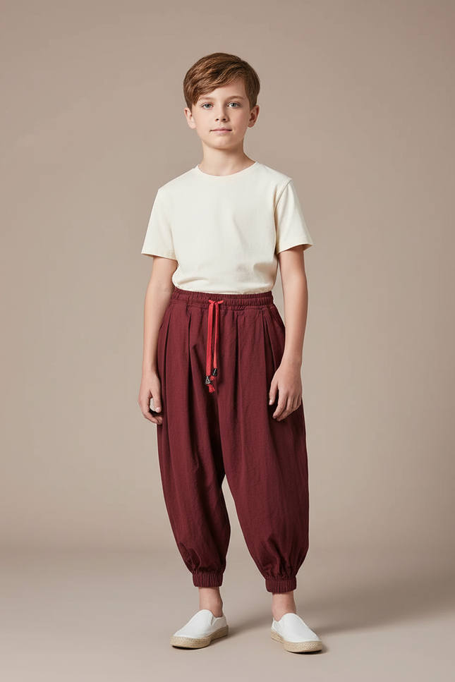 Pantalon Parachute Bordeaux Ample Coton Enfant