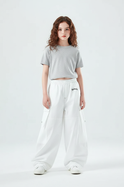 Pantalon Parachute Blanc Ample Cargo Fille Décontracté - Molleton