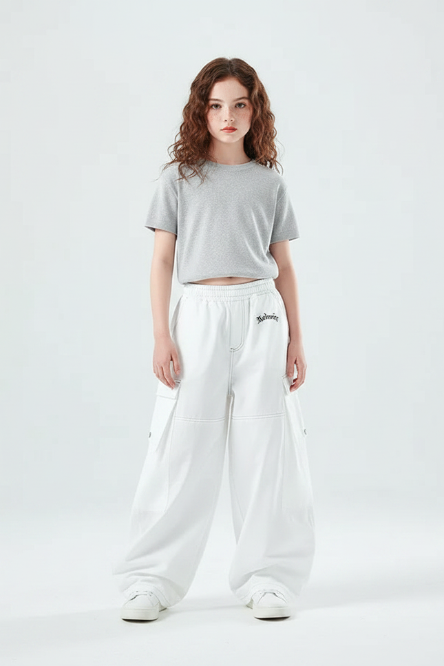 Pantalon Parachute Blanc Ample Cargo Fille Décontracté - Molleton