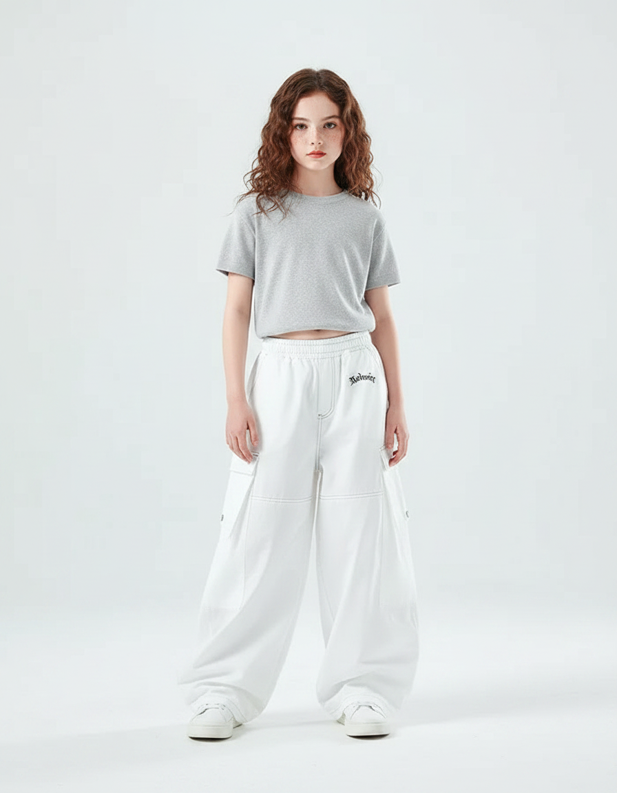 Pantalon Parachute Blanc Ample Cargo Fille Décontracté - Molleton