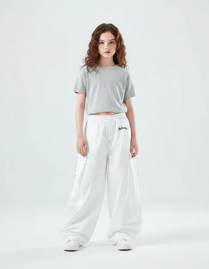 Pantalon Parachute Blanc Ample Cargo Fille Décontracté - Molleton