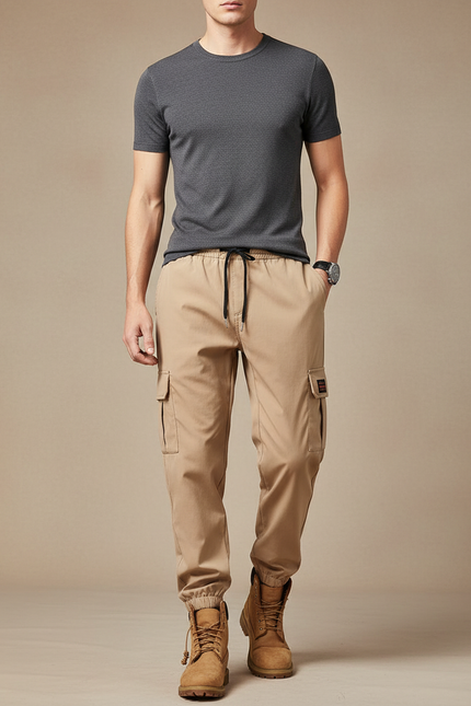 Pantalon Parachute Beige Cargo Streetwear Cordon Homme - Toile