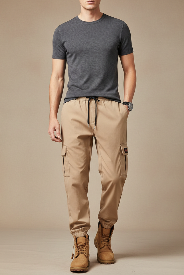 Pantalon Parachute Beige Cargo Streetwear Cordon Homme - Toile