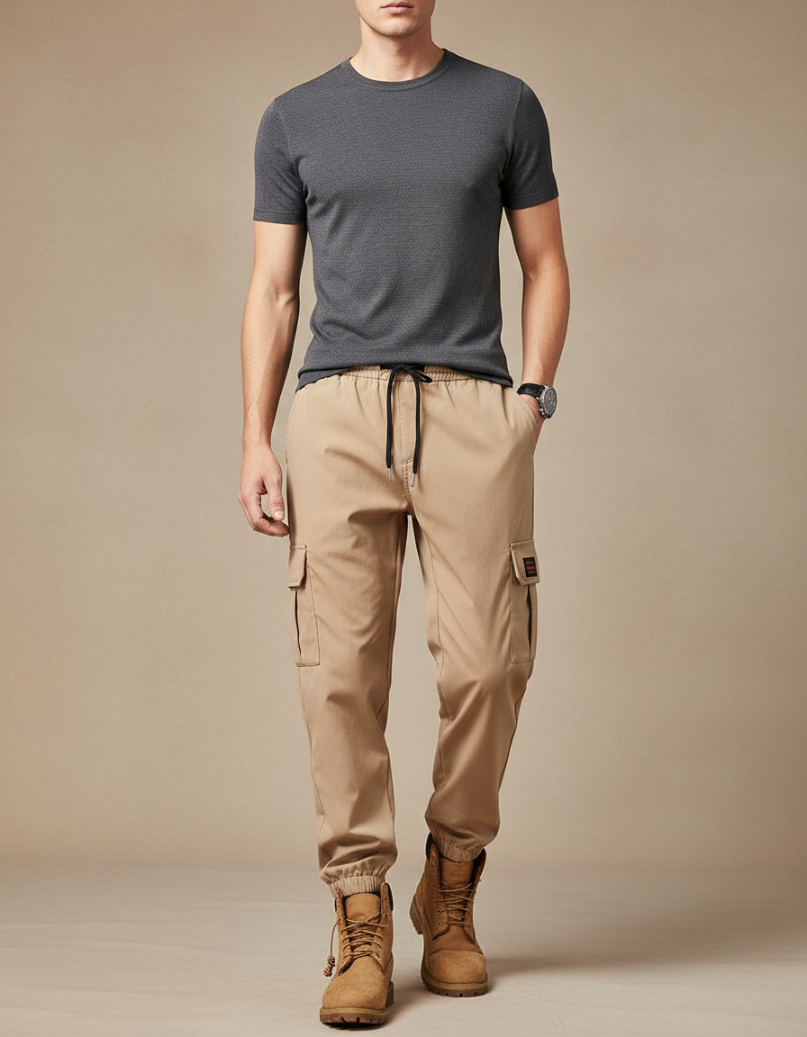 Pantalon Parachute Beige Cargo Streetwear Cordon Homme - Toile