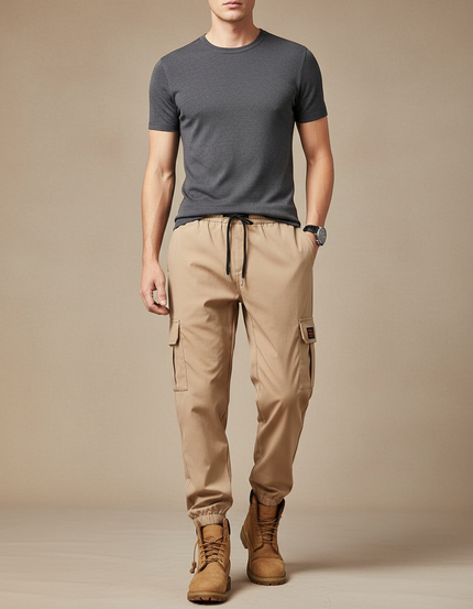 Pantalon Parachute Beige Cargo Streetwear Cordon Homme - Toile