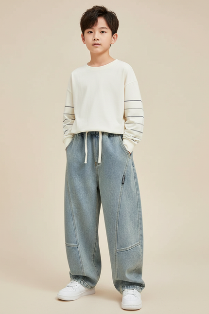 Pantalon Parachute Denim Bleu Ample Garçon Décontracté - Jean