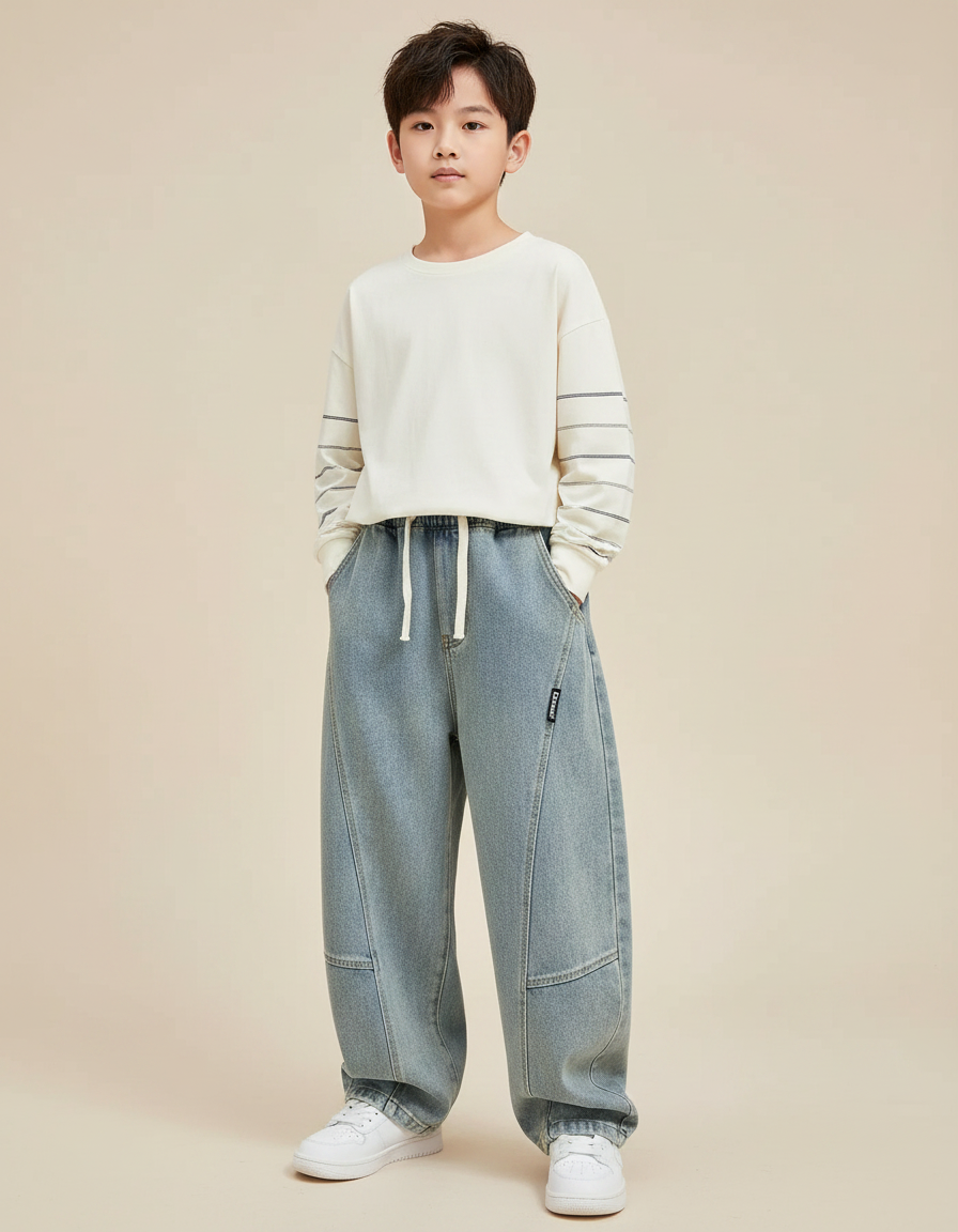 Pantalon Parachute Denim Bleu Ample Garçon Décontracté - Jean