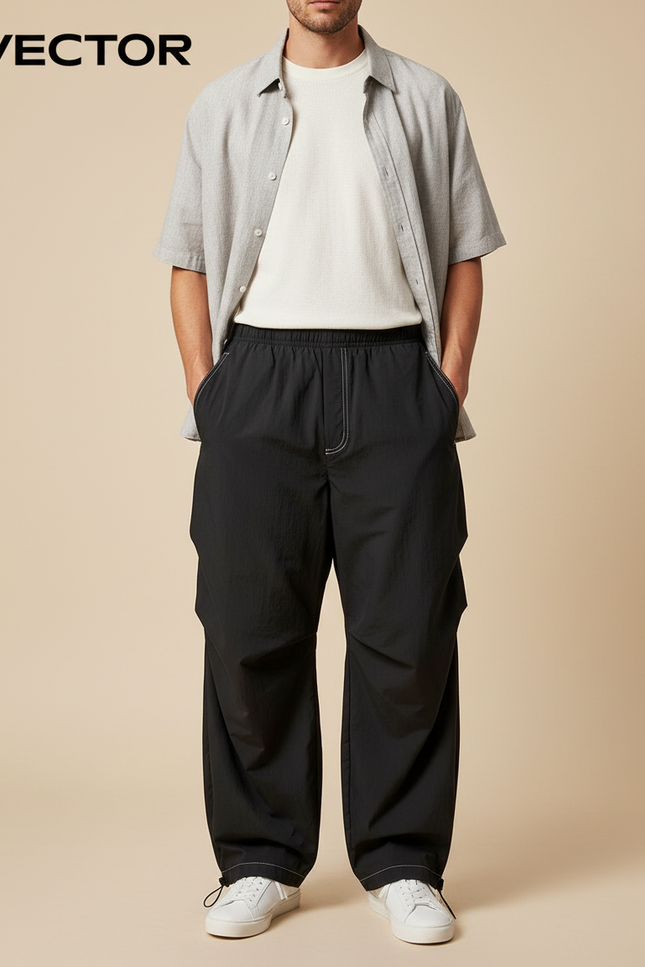 Pantalon Parachute Noir Ample Décontracté Urbain Couture - Polyester