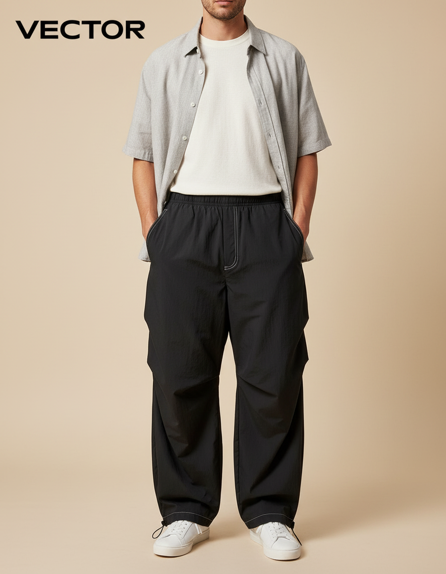 Pantalon Parachute Noir Ample Décontracté Urbain Couture - Polyester
