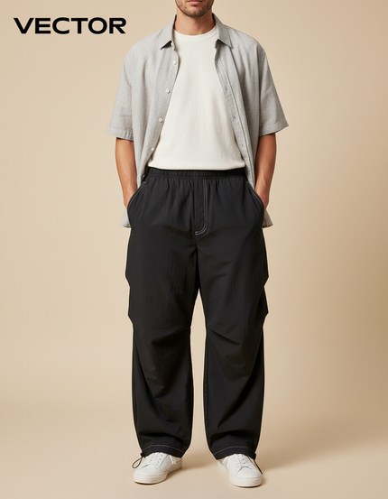 Pantalon Parachute Noir Ample Décontracté Urbain Couture - Polyester