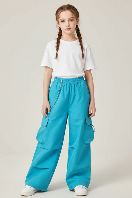 Pantalon Parachute Bleu Cargo Ample Taille Haute Enfant - Polyester