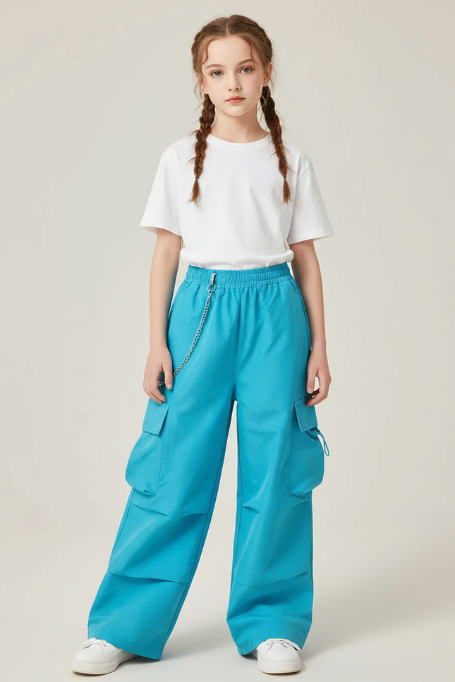 Pantalon Parachute Bleu Cargo Ample Taille Haute Enfant - Polyester