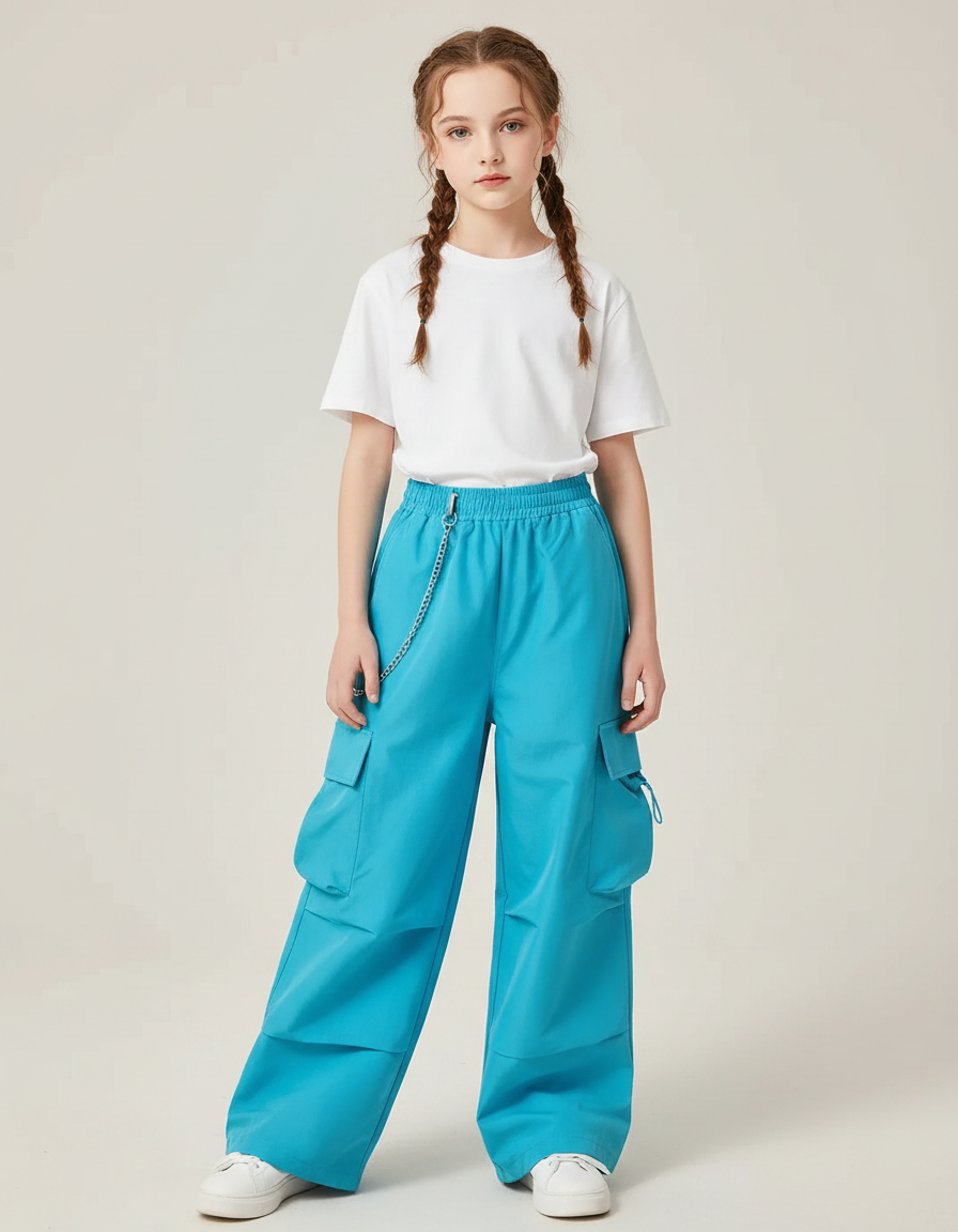 Pantalon Parachute Bleu Cargo Ample Taille Haute Enfant - Polyester