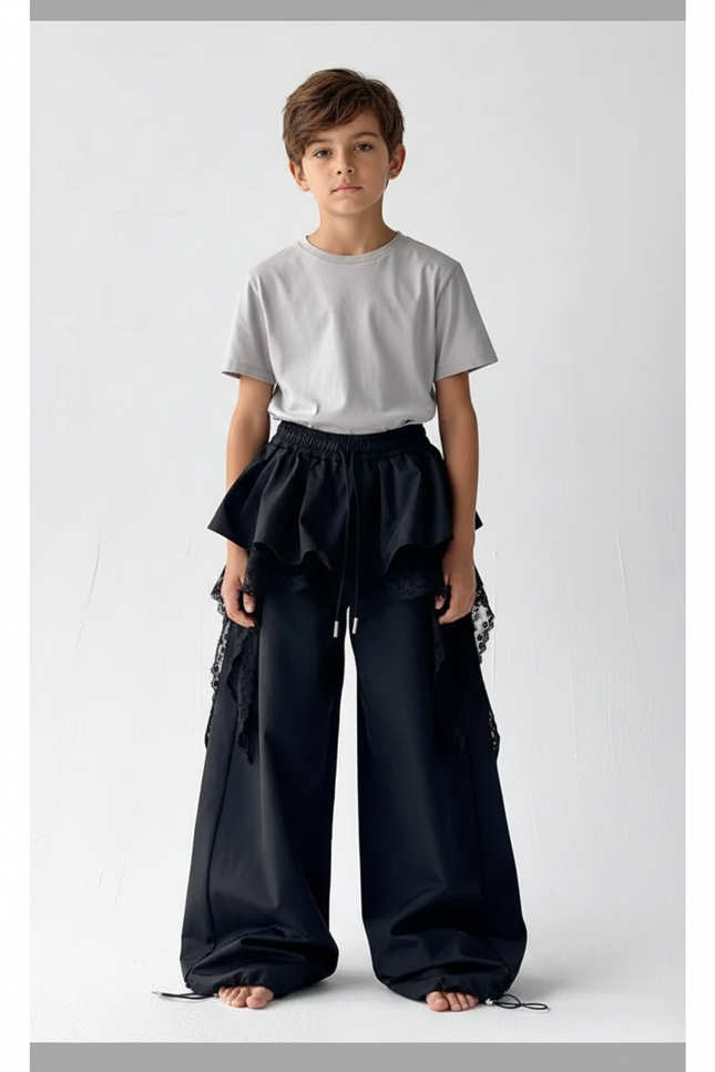 Pantalon Parachute Noir Ample Volants Dentelle Unisexe - Polyester