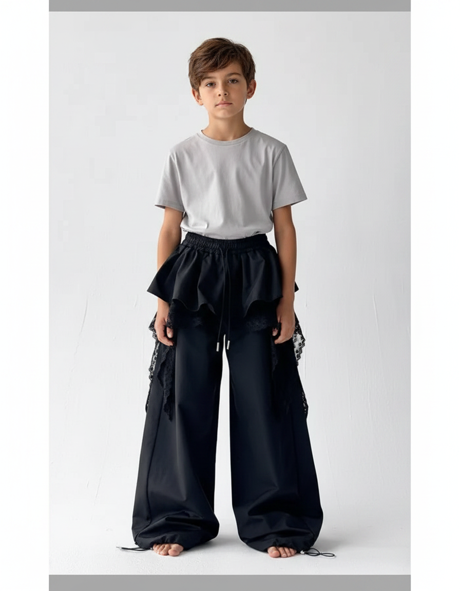 Pantalon Parachute Noir Ample Volants Dentelle Unisexe - Polyester