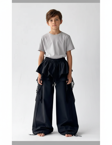 Pantalon Parachute Noir Ample Volants Dentelle Unisexe - Polyester
