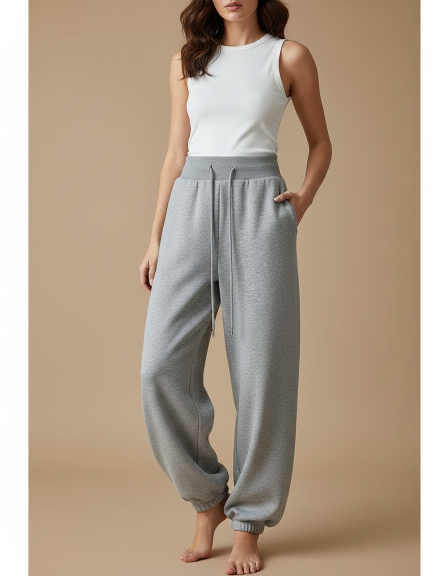 Pantalon Parachute Gris Ample Drapé Molletonné Femme