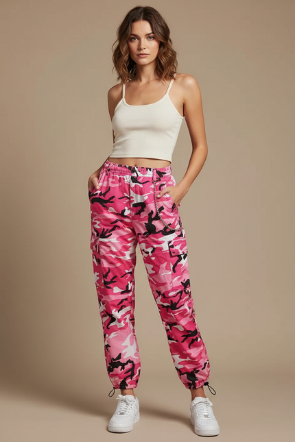 Pantalon Parachute Rose Camouflage Cargo Ample Femme - Polyester