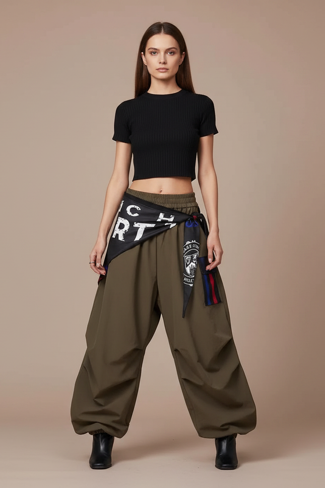Pantalon Parachute Kaki Ample Fluide Décontracté Femme - Polyester
