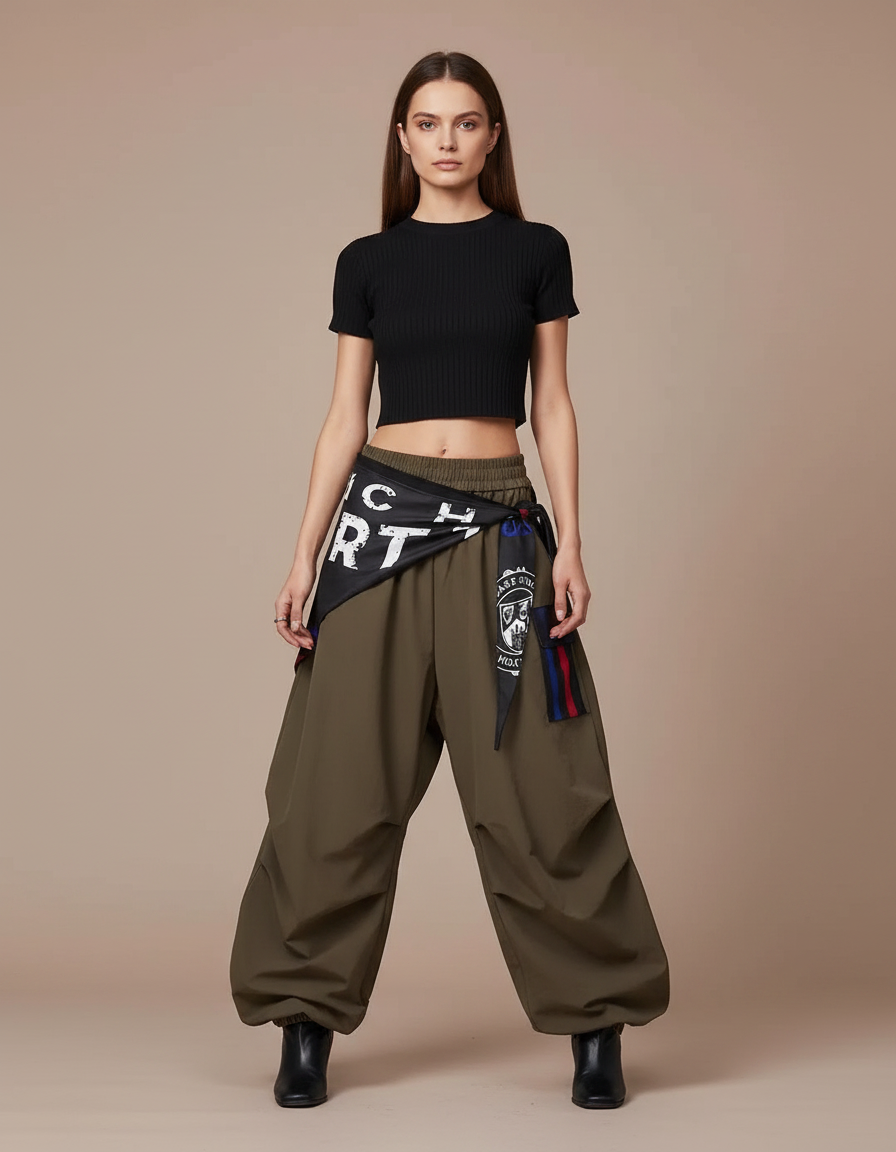 Pantalon Parachute Kaki Ample Fluide Décontracté Femme - Polyester