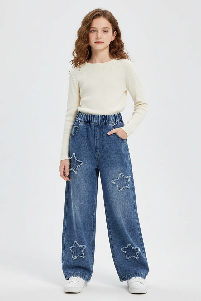 Pantalon Parachute Denim Ample Étoiles Fille Printemps Bleu - Jean
