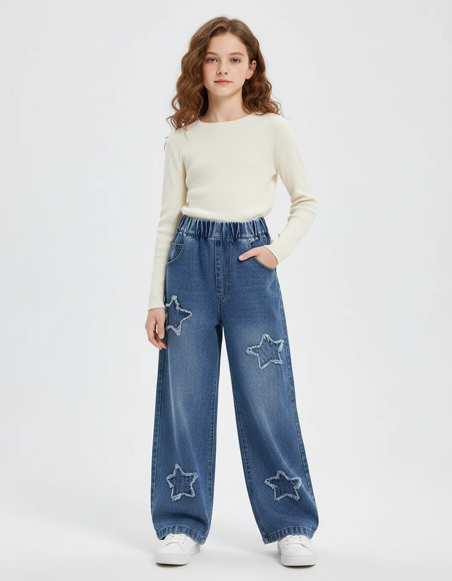Pantalon Parachute Denim Ample Étoiles Fille Printemps Bleu - Jean
