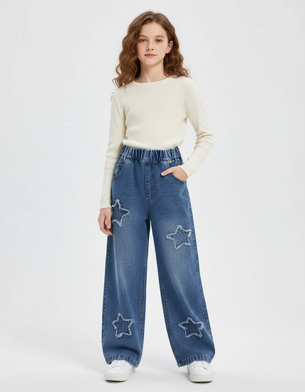 Pantalon Parachute Denim Ample Étoiles Fille Printemps Bleu - Jean