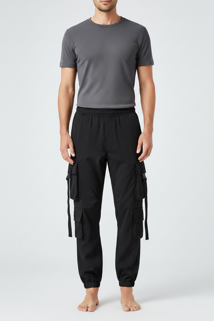 Pantalon Parachute Noir Cargo Multipoches Jogger Homme - Polyester