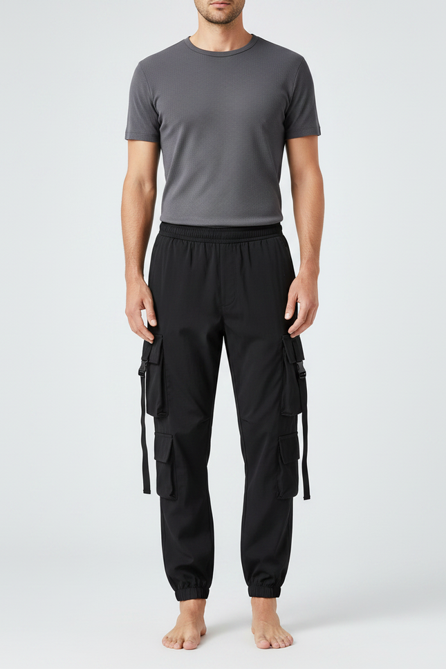 Pantalon Parachute Noir Cargo Multipoches Jogger Homme - Polyester