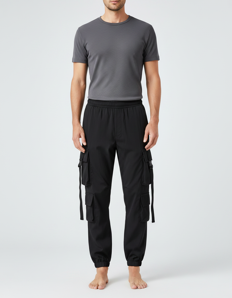 Pantalon Parachute Noir Cargo Multipoches Jogger Homme - Polyester
