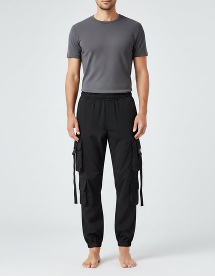 Pantalon Parachute Noir Cargo Multipoches Jogger Homme - Polyester
