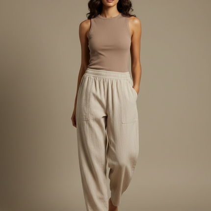 Pantalon Parachute Beige Ample Taille Élastique Lin