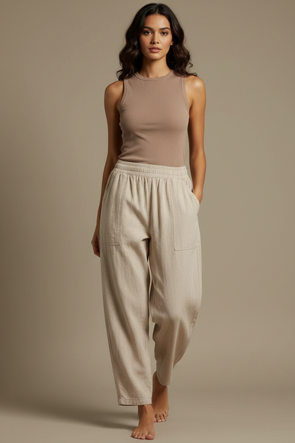 Pantalon Parachute Beige Ample Taille Élastique Lin