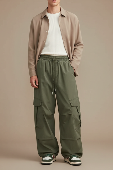 Pantalon Parachute Vert Cargo Ample Homme Décontracté - Kaki Polyester