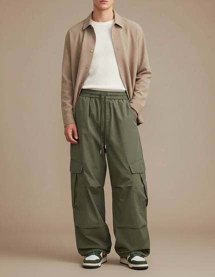 Pantalon Parachute Vert Cargo Ample Homme Décontracté - Kaki Polyester