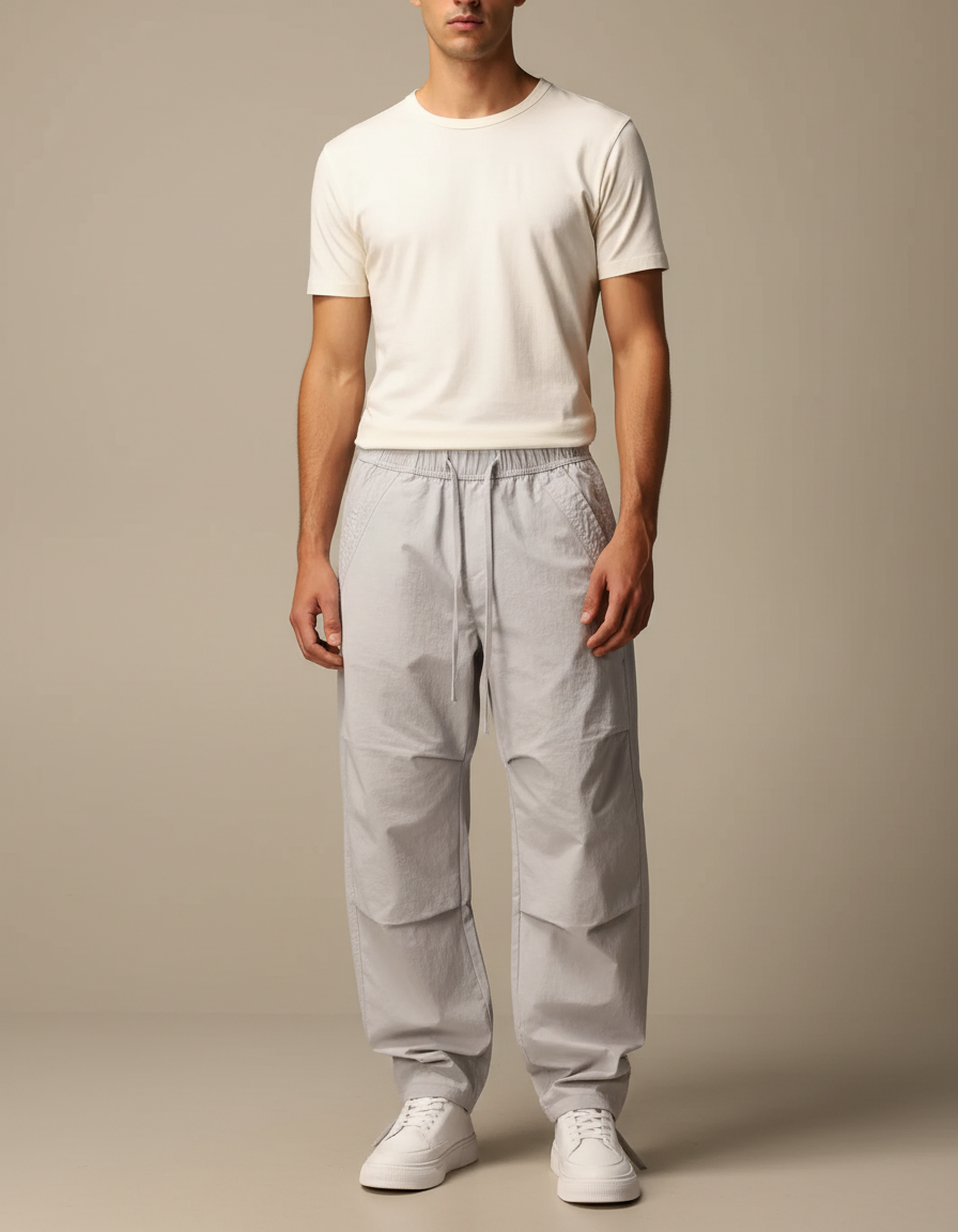 Pantalon Parachute Gris Ample Cordon Homme Streetwear - Polyester