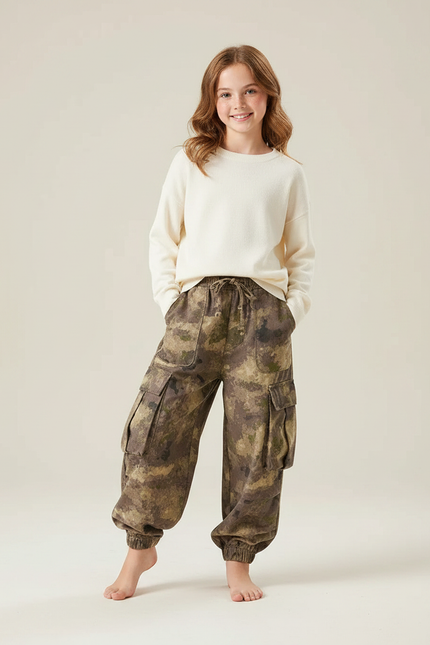 Pantalon Parachute Fille Kaki Cargo Toile - Molleton