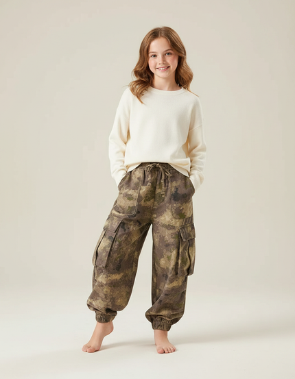 Pantalon Parachute Fille Kaki Cargo Toile - Molleton