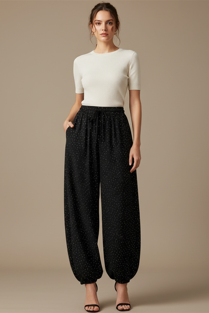 Pantalon Parachute Noir Fluide Poitillé Élégant Ample - Viscose