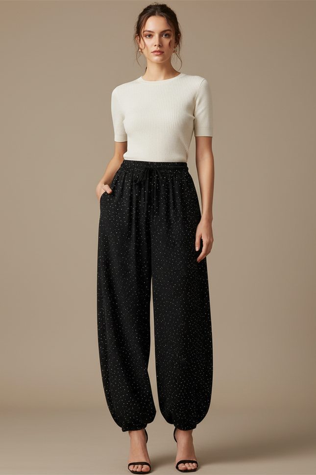 Pantalon Parachute Noir Fluide Poitillé Élégant Ample - Viscose