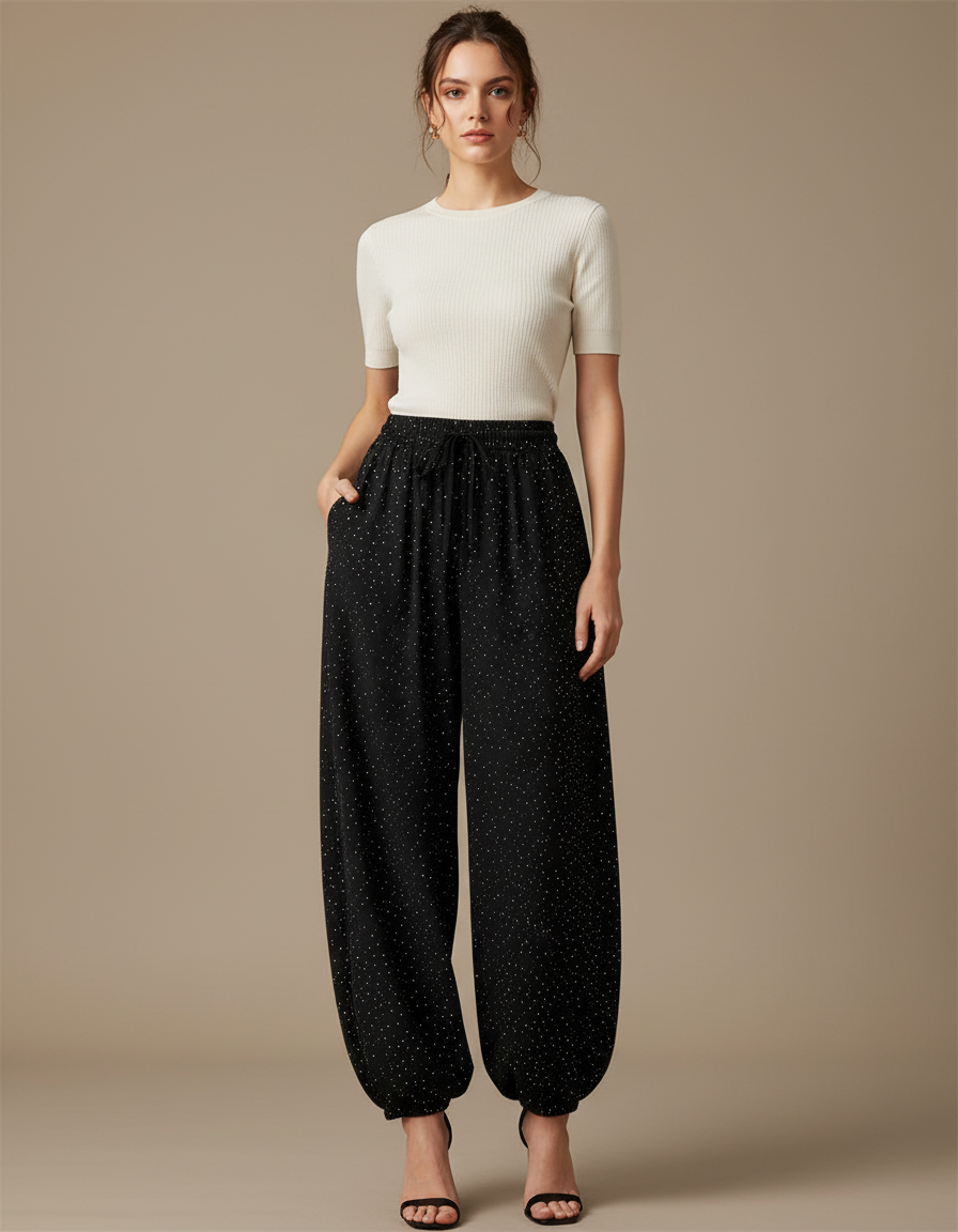 Pantalon Parachute Noir Fluide Poitillé Élégant Ample - Viscose