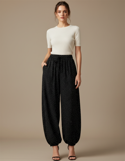 Pantalon Parachute Noir Fluide Poitillé Élégant Ample - Viscose