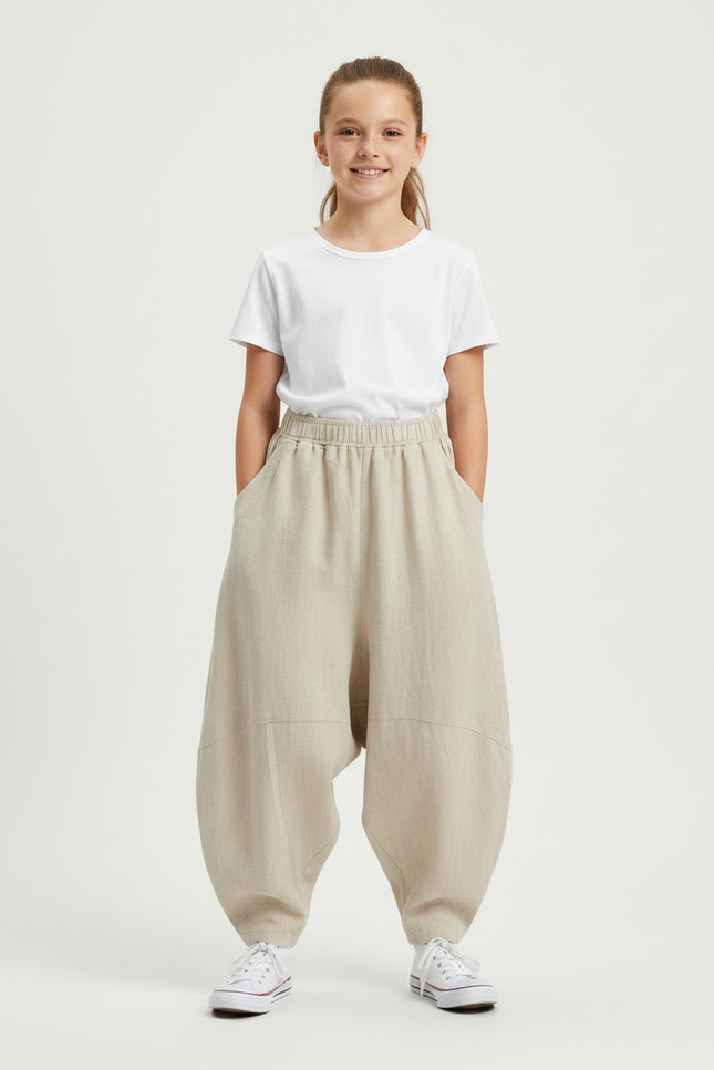 Pantalon Parachute Beige Lin Ample Décontracté Fille